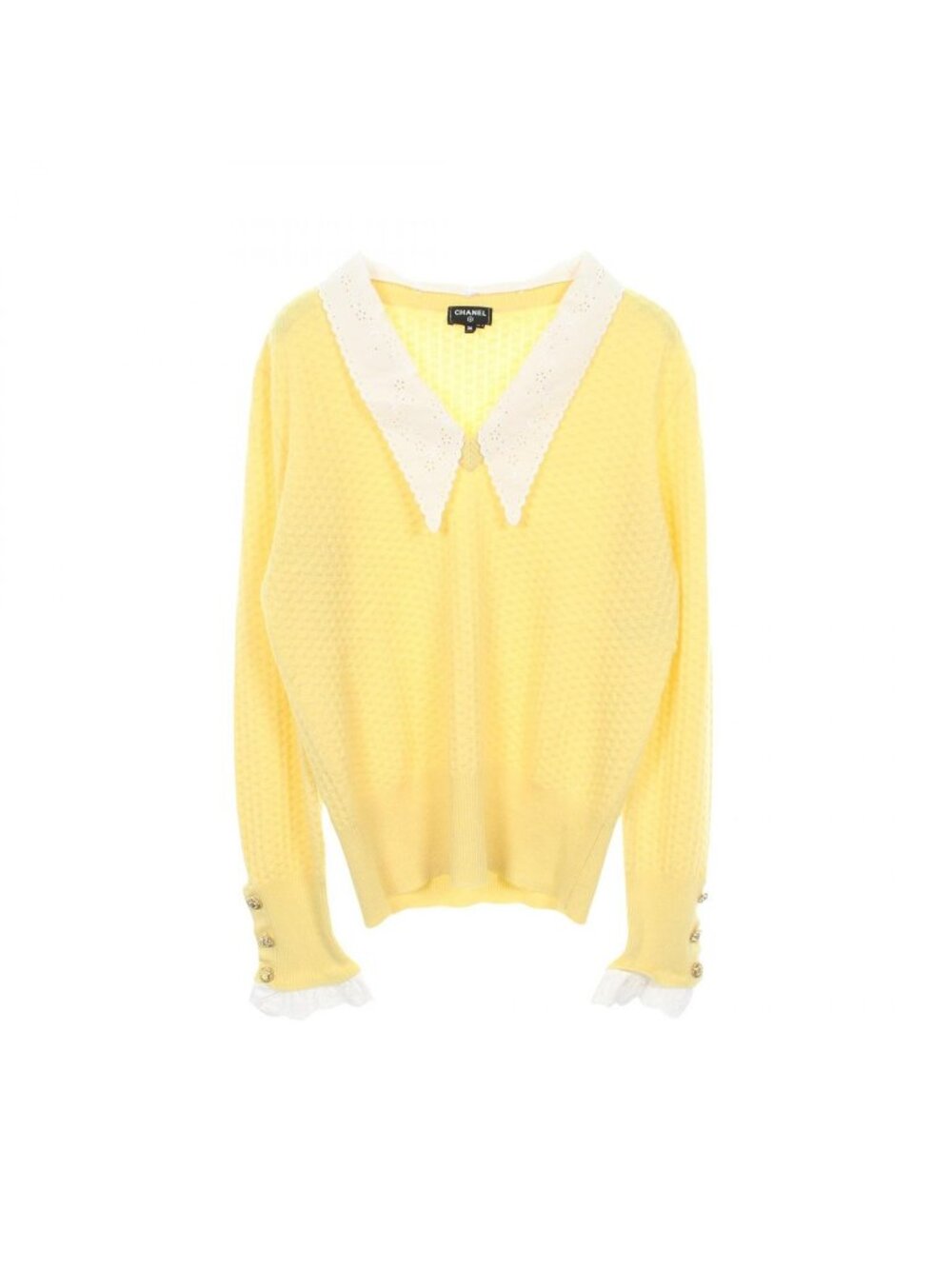 Chanel Knit CC Logo Button V-neck Yellow Cashmere Sweater